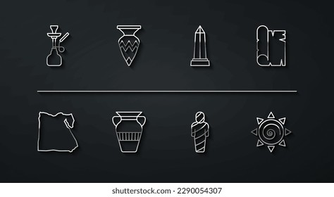 Set line Hookah, Map of Egypt, Papyrus scroll, mummy, Egyptian vase, Sun and Obelisk Alexandria icon. Vector