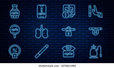 Set Line Hookah, No Smoking, Disease Lungs, Lungs, Nicotine Gum Blister Pack,  And  Icon. Vector