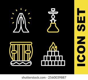 Set line Hookah, Yagna, Instrument tabla and Hands in praying position icon. Vector