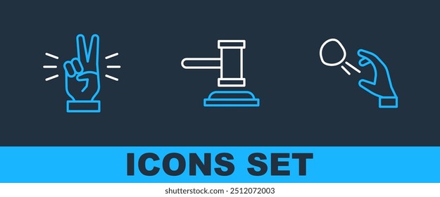 Set line Hooligan shooting stones, Hand showing two finger and Judge gavel icon. Vector