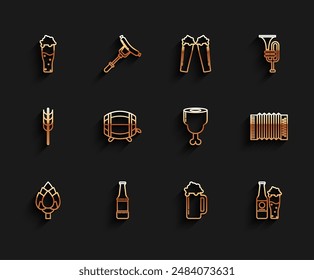 Set line Hop, Beer bottle, Glass of beer, and glass, Wooden barrel on rack with stopcock, Musical instrument accordion and Chicken leg icon. Vector