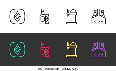 Set línea de lúpulo, botella de cerveza y lata de cerveza, dispensador y paquete de botellas en blanco y negro. Vector