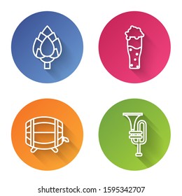 Set line Hop, Glass of beer, Wooden barrel on rack with stopcock and Musical instrument trumpet. Color circle button. Vector