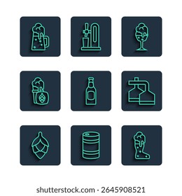 Set line Hop, barril de cerveja de metal, vidro de bota, vidro de, garrafa de cerveja, caneca de madeira e ícone de processo de cerveja. Vetor