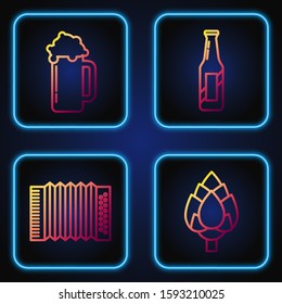 Set line Hop, Musical instrument accordion, Glass of beer and Beer bottle. Gradient color icons. Vector