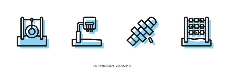 Set line Hopscotch, Car tire hanging on rope, Basketball backboard and Tic tac toe game icon. Vector