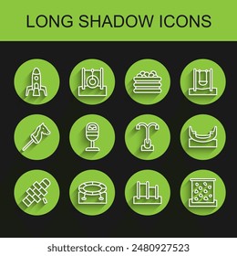 Set line Hopscotch, Jumping trampoline, Rocket ship, Horizontal bar, Climbing wall, Trash can, Boat swing and Street light icon. Vector