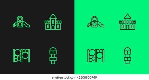 Set line Hopscotch, equipamento de escalada Playground, playground Slide e ícone do castelo de areia. Vetor