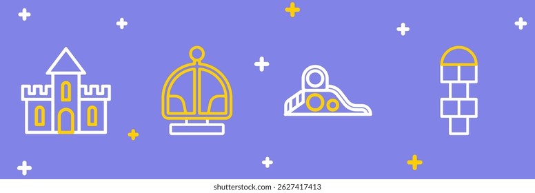 Set line Hopscotch, Slide playground, Attraction carousel and Sand castle icon. Vector