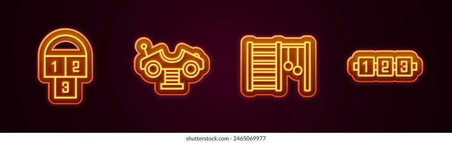 Set line Hopscotch, Swing car, Swedish wall and Education logic game. Glowing neon icon. Vector