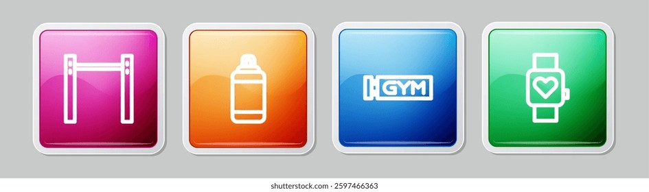 Set line Horizontal bar, Punching bag, Location gym and Smart watch. Colorful square button. Vector
