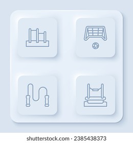 Set line Horizontal bar, Soccer goal with ball, Jump rope and Bungee. White square button. Vector