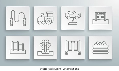Set line Horizontal bar, Toy train, Ferris wheel, Double swing, Pool with balls, Swing car, Abacus and Jump rope icon. Vector