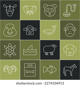 Set line Horse, Dog, Monkey, Cute panda face, Sheep head, Goose bird, Rhinoceros and Whale icon. Vector