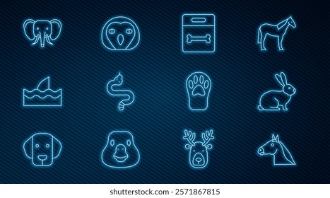 Set line Horse head, Rabbit, Dog bone, Snake, Shark fin in ocean wave, Elephant, Paw print and Owl bird icon. Vector