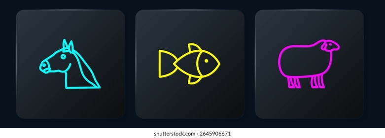 Set line Horse head, Sheep and Fish. Black square button. Vector
