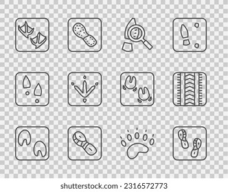 Set line Horse paw footprint, Human footprints shoes, Magnifying glass with footsteps, Seagull, Chicken, Bear and Tire track icon. Vector