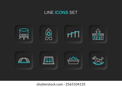 Set line Horse in saddle swing, Sandbox with sand, Swings for kids, Monkey bar, castle, Sport horizontal, Rocket ship toy and Jumping trampoline icon. Vector