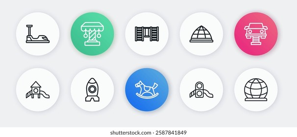 Set line Horse in saddle swing, Swing car, Slide playground, Playground climbing equipment, Swedish wall,  and Rocket ship toy icon. Vector