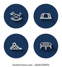 Set line Horse in saddle swing, Monkey bar, Slide playground and Jumping trampoline with long shadow. Blue circle button. Vector