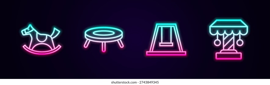 Set line Horse in saddle swing, Jumping trampoline, Swing for kids and Attraction carousel. Glowing neon icon. Vector
