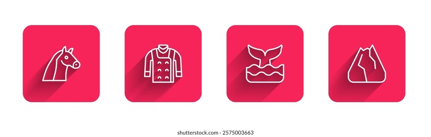 Set line Horse, Sweater, Whale tail and Mountains with long shadow. Red square button. Vector