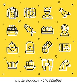 Set line Horse, Ticket in Iceland, Location flag, Viking head, Fish, Cruise ship, Sweater and Norwegian wooden house icon. Vector