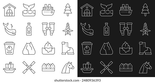 Set line Horse, Winter warm boot, Lupine flower, Cruise ship, Bottle of vodka, Whale, Farm house and Binoculars icon. Vector