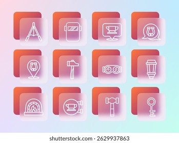 Set line Horseshoe, Blacksmith anvil tool, Welding glasses, Hammer, Air blower bellows and mask icon. Vector