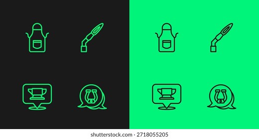Herradura de línea, herramienta de yunque de herrería, delantal e icono de antorcha de soldadura. Vector