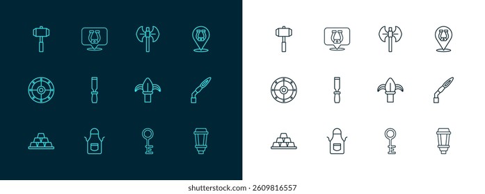 Set line Horseshoe, Blacksmith apron, Classic iron fence, Old key, Rasp metal file, Medieval poleaxe, Sledgehammer and  icon. Vector