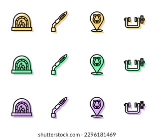 Set line Horseshoe, Blacksmith oven, Welding torch and Clamp and screw tool icon. Vector