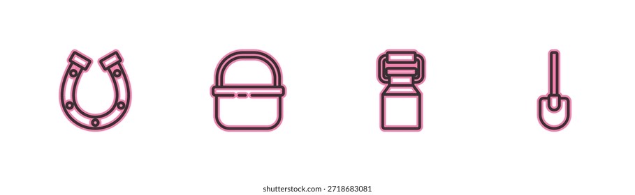 Set Linie Hufeisen, Dosenbehälter für Milch, Korb und Schaufel Symbol. Vektorgrafik