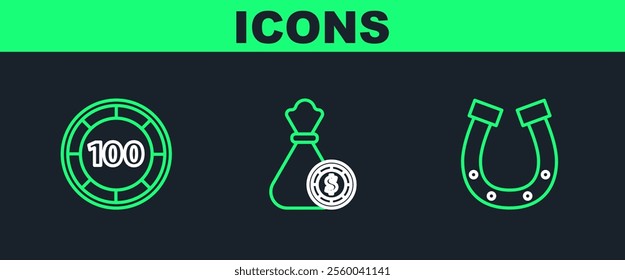 Set line Horseshoe, Casino chips and Money bag and casino icon. Vector