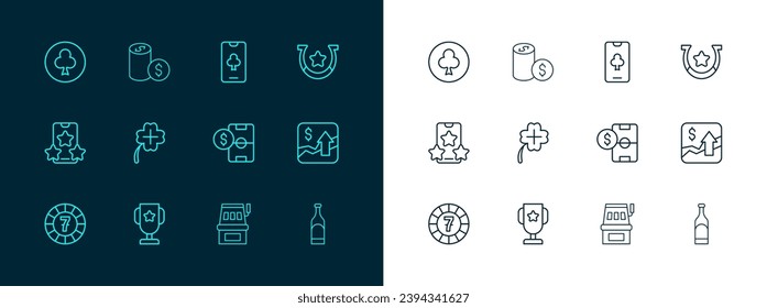 Set line Horseshoe, Casino poker trophy cup, Football betting money, Slot machine, slot with clover, Online table game, Playing card clubs symbol and chip dollar icon. Vector