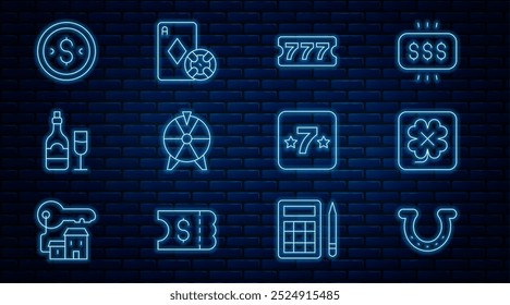 Set line Horseshoe, Casino slot machine, Lottery ticket, Lucky wheel, Champagne bottle with glass, Coin money dollar,  and chip and playing cards icon. Vector