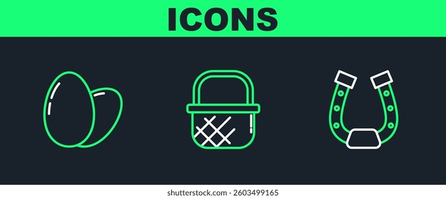 Set line Horseshoe, Chicken egg and Shopping basket icon. Vector
