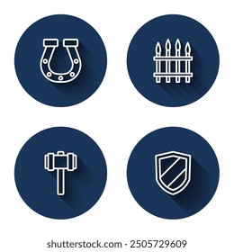 Set line Horseshoe, Classic iron fence, Sledgehammer and Shield with long shadow. Blue circle button. Vector