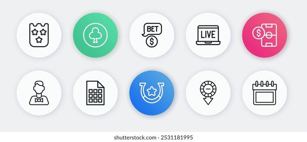Set line Horseshoe, Football betting money, Casino dealer, chips, Online poker table game, with dollar, Calendar and Lottery ticket icon. Vector
