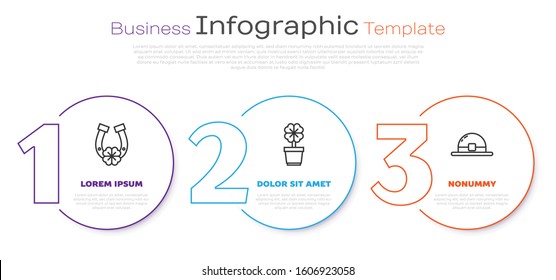 Set line Horseshoe with four leaf clover, Four leaf clover in pot and Leprechaun hat. Business infographic template. Vector