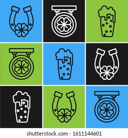 Set line Horseshoe with four leaf clover, Glass of beer and Street signboard with four leaf clover icon. Vector