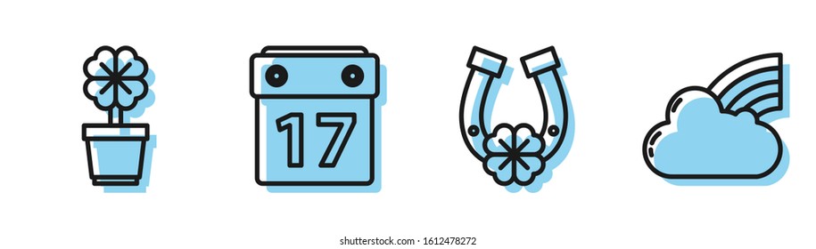 Set line Horseshoe with four leaf clover, Four leaf clover in pot, Saint Patrick's day with calendar and Rainbow with cloud icon. Vector