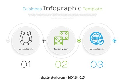 Set line Horseshoe, Game dice and Casino chips. Business infographic template. Vector