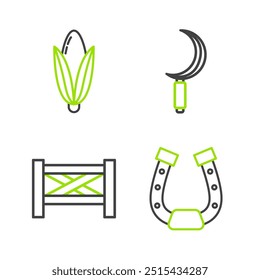 Set line Horseshoe, Garden fence wooden, Sickle and Corn icon. Vector