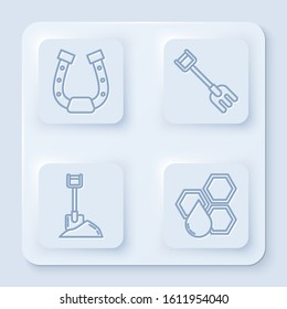 Set line Horseshoe, Garden rake, Shovel in the ground and Honeycomb. White square button. Vector