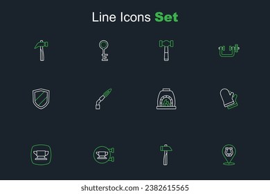 Set line Horseshoe, Hammer, Blacksmith anvil tool, Protective gloves, oven, Welding torch and Shield icon. Vector