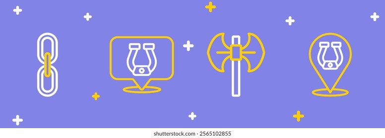 Set line Horseshoe, Medieval poleaxe,  and Chain link icon. Vector