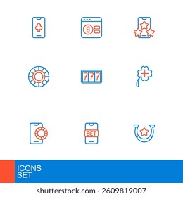 Set line Horseshoe, Online sports betting, Casino slot machine with clover, chips, Slot jackpot,  and poker table game icon. Vector