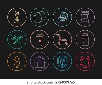Set línea de herradura, paquete de papel para la leche, casa de granja en mano, guadaña, rastrillo de pala, tijeras hechas a mano de jardinería, cortacésped e icono de huevo de pollo. Vector