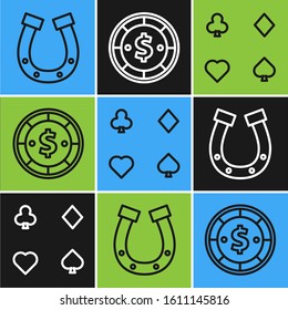 Set line Horseshoe, Playing cards and Casino chip with dollar icon. Vector